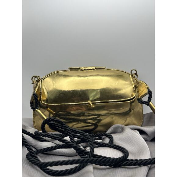 Vintage Oval Bag Golden Black Brass Onyx Stone Small Strap Black Nylon - Picture 4 of 5